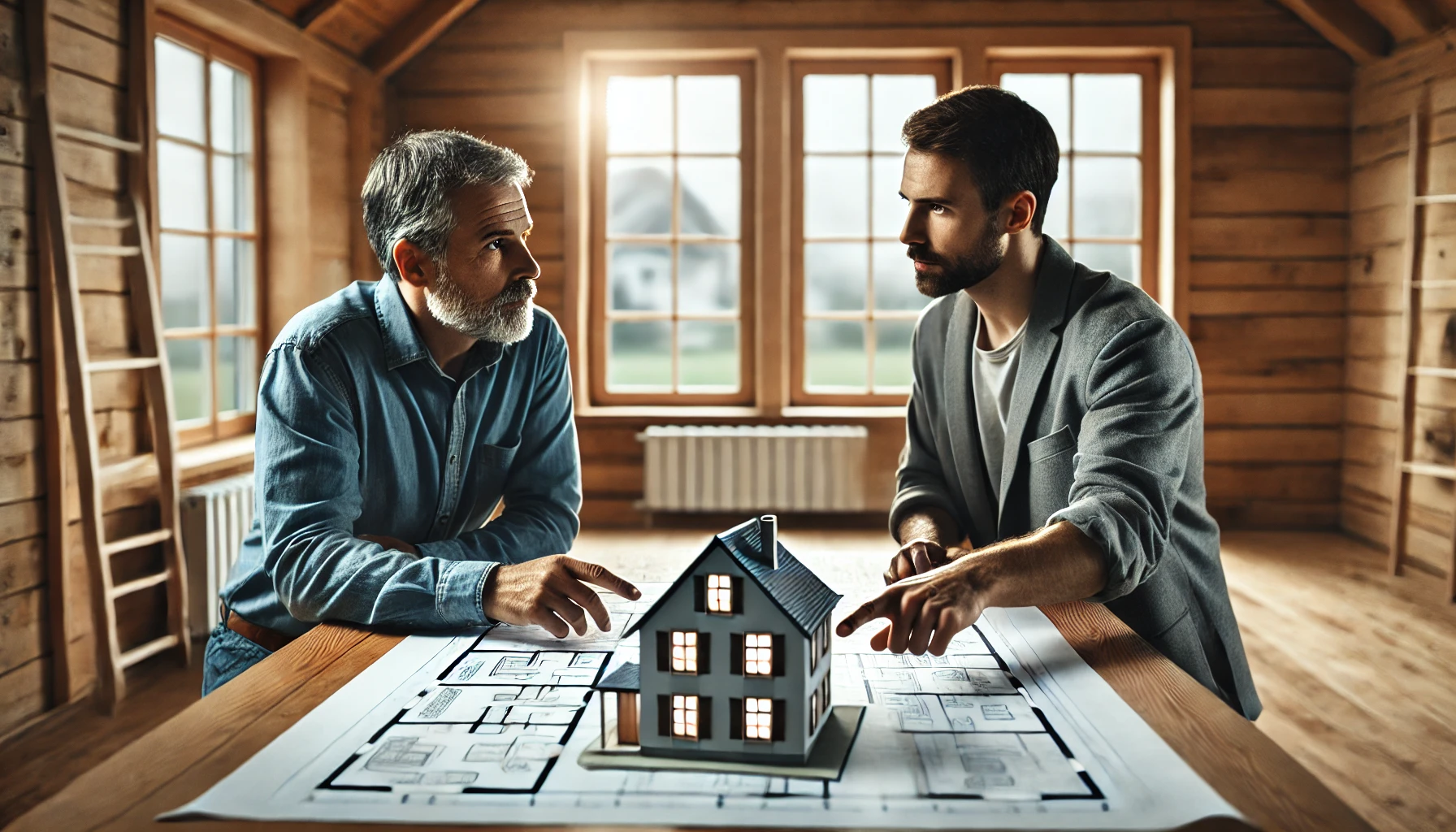 Energieberater bespricht Sanierungspl&auml;ne mit Hausbesitzer &ndash; K&uuml;rzungen der F&ouml;rdermittel