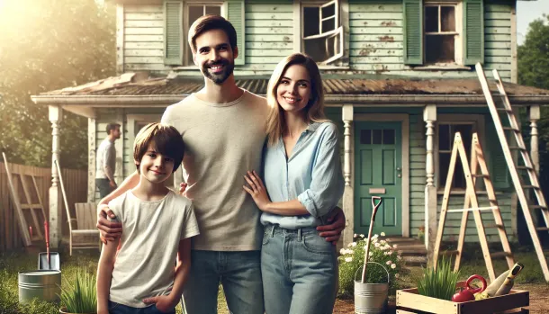 Familie vor sanierungsbed&uuml;rftiger Bestandsimmobilie &ndash; KfW-F&ouml;rderung f&uuml;r Wohneigentum