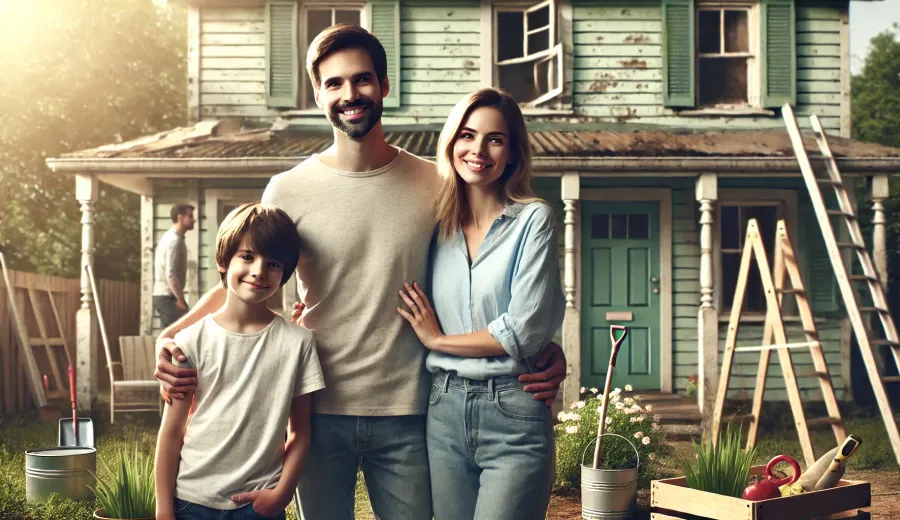 Familie vor sanierungsbed&uuml;rftiger Bestandsimmobilie &ndash; KfW-F&ouml;rderung f&uuml;r Wohneigentum